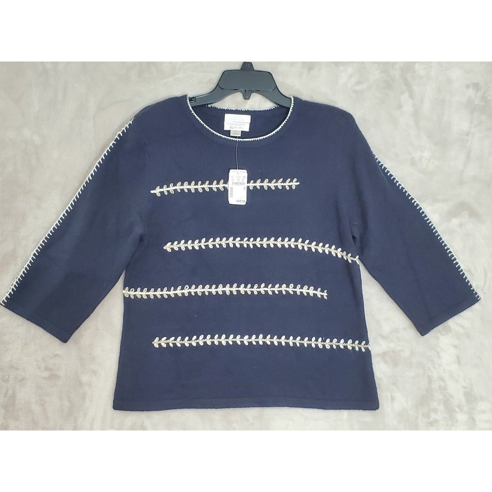 Vtg Christopher & Banks Sweater Hand Embroidered Navy M Wool Blend Fair Isle NWT